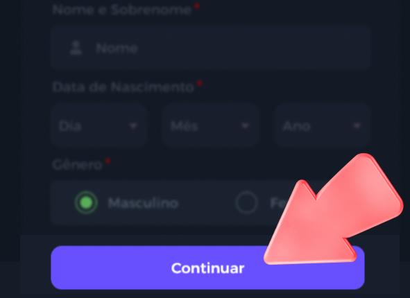 Botão Continuar para prosseguir com a criação da conta.